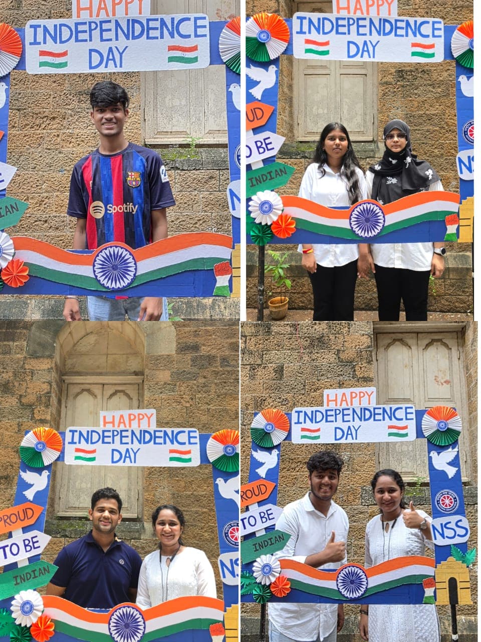 Students posing at the Independence Day-themed Selfie with Tiranga photo point